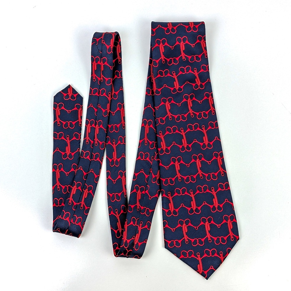 Burberrys Silk Necktie Navy Red Horse Bit Bridle Made Italy 3.75 In